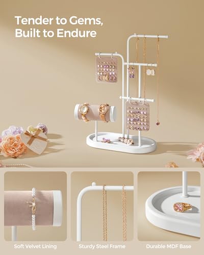 SONGMICS Jewelry Stand, Jewelry Organizer, Jewelry Display Holder with Metal Frame, 2 Earring Boards, 4 Hanging Rods, Necklace Earring Bracelet Holder, for Watches, Cloud White UJJS025W01