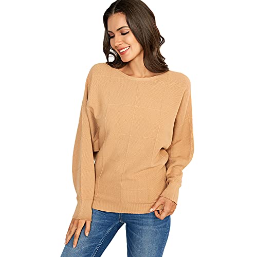 Ckikiou Women Cute Spring Fall Boatneck Batwing Soft Knitted Sweater for Women Casual Loose Long Sleeve Ribbed Pullover Top