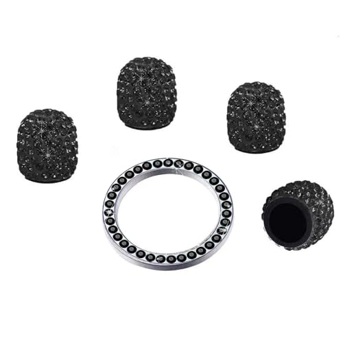 Tire Valve Stem Caps 4psc+Car Engines Start/Stop Ring Stickers 1psc -Crystal Rhinestone Diamond Car Decorative Accessories Glitter -Universal Attractive Bling for Cars, SUVs, Trucks etc (Black)