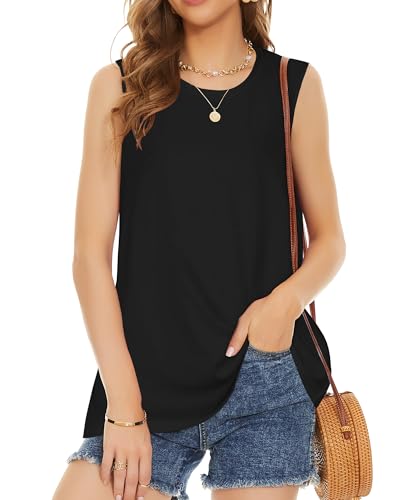 Womens Summer Tops Sleeveless Top Crewneck Cute Printed Tunic Shirts (Blue White Flowers, M)