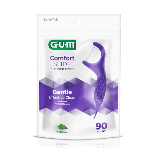 GUM Comfort Slide Floss Picks - Perfect for Tight Teeth - Extra Strong Shred-Resistant Dental Floss, Easy Grip Handle - Dental Flossers for Adults - Fresh Mint Flavor, 90 ct