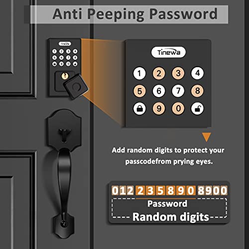 Keyless Entry Door Lock with 2 Handles, Tinewa Electronic Keypad Deadbolt, Auto-Locking, Anti-Peeping Password, Digital Smart Code Door Lock, Front Door Handle Sets, Matte Black