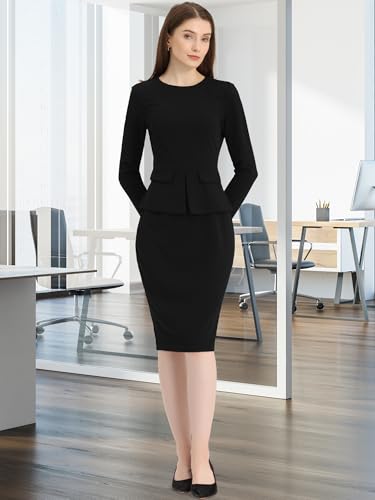 Allegra K Women's Bodycon Dresses Round Neck Long Sleeve Casual Work Outfits Peplum Sheath Dress Small White