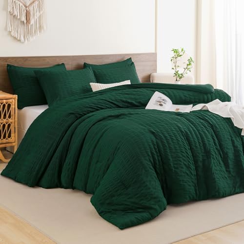 Andency Dark Green Comforter Set Queen (90x90 Inch), 3 Pieces Emerald Seersucker Comforter Set, Forest Hunter Green Microfiber Summer Lightweight Down Alternative Bedding Set