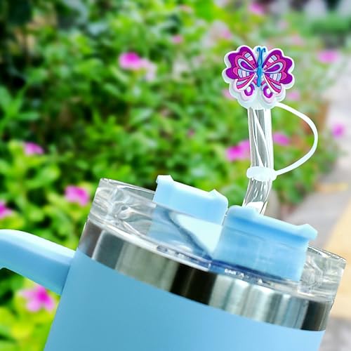 YEALQUE 10mm 0.4in Straw Covers,10PCS Butterfly PVC Straw Toppers, Straw Cover Caps Compatible with 30&40 Oz Tumbler with Handle, Reusable Drinking Dust Proof Straw Tips Lids Party Favor Gifts