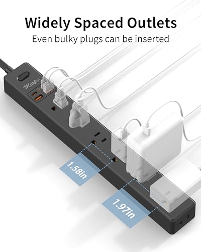 6 Ft Power Strip Surge Protector - 7 Outlets 4 USB Ports (2 USB C), Maxpw Ultra Thin Flat Extension Cord & Flat Plug, 1700 Joules, Wall Mount, Desk Charging Station for Home Office Dorm, Black