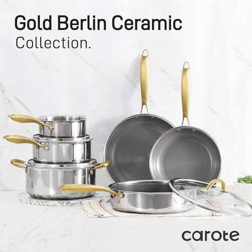 CAROTE Tri-Ply Stainless Steel Cookware Set, 9 Pcs Stainless Steel Pots and Pans Set with Tempered Glass Lids, Stay-Cool Golden Handles, Dishwasher and Oven Safe, California Collection, Cream White