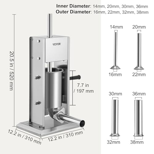 VEVOR Sausage Stuffer, Manual 7LB/3L Capacity, Two Speed 304 Stainless Steel Sausage Filling Machine with 4 Stuffing Tubes, Silver