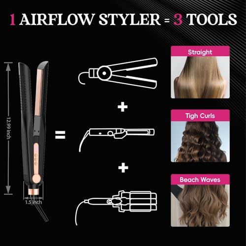SKIMI Airflow Styler, Titanium Flat Iron Hair Straightener, Professional Airflow Styler Curling Iron with Cooling Air Vents to Lock in Style, 5 Temps & Dual Voltage, Auto Off(Black & Champagne Gold).