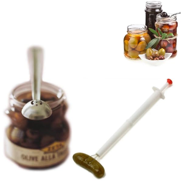 Pickle Pincher with Olive Spoon Set,Flexible Picker Fork n Long Handle Pick Jar Serving Spoon with Drain Hole for Cucumber, Arugula, Caper