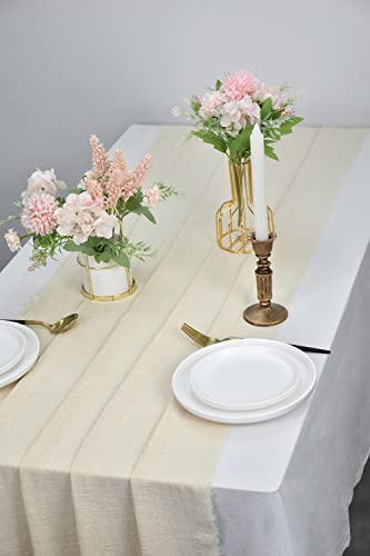 Joanlody Beige Cheesecloth Table Runner 25x120 Inches Handmade Cotton Cloth Tablecloth with Fringe 10Ft Rustic Gauze Table Runner for Wedding Party Bridal Shower Decor