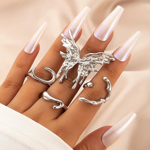 Kasmena 4Pcs Silver Butterfly Knuckle Rings for Women,Stackable Rings Silver Butterfly Ring Set Adjustable Silver Rings Personality Ring Fine Jewelry for Women Accessories Gift