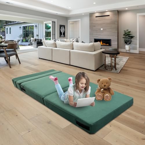 ANONER Memory Foam Fold Out Sofa Bed Couch with Pillow Twin Size Futon Sleeper Chair for Living Room Apartment, Dark Green