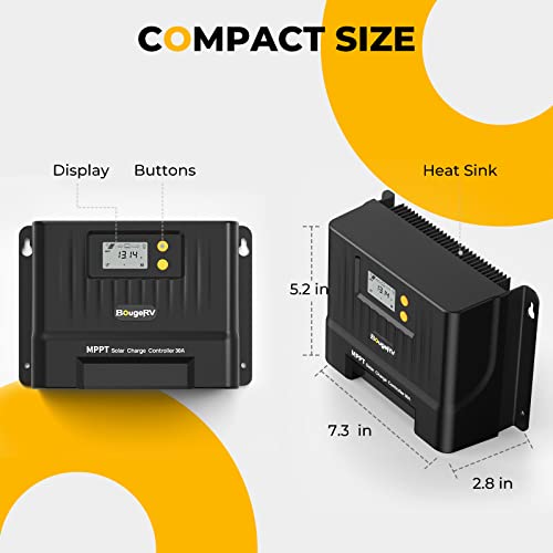 BougeRV MPPT Solar Charge Controller 40 Amp, with Auto Parameter Adjustable LCD Display, 12V/24V DC Input Solar Panel Regulator fit for Gel, Sealed, Flooded and Lithium Battery Supporting for Your RV