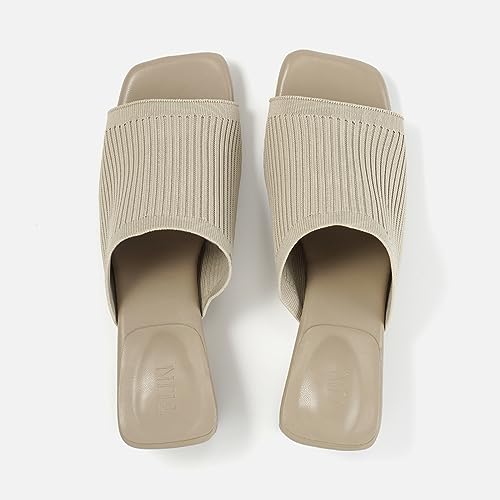 TIJN Open Toe Heeled Mules for Women, Square Flat, Triangle Low Block Heels, Recycled Knit Fabric, 100% Vegan,Katrin,7