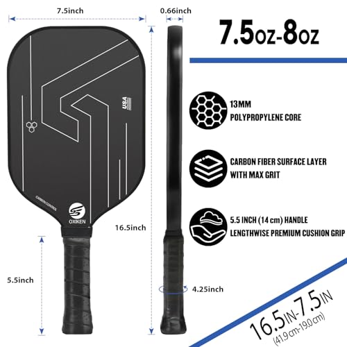 OXIKEN 16mm Pickleball Paddles, 2023 USAPA Approved, Frosted Carbon Fiber Surface (CFS), Polypropylene Lightweight Honeycomb Core with Cover Case Black, Ideal for Intermediate and Professional Players