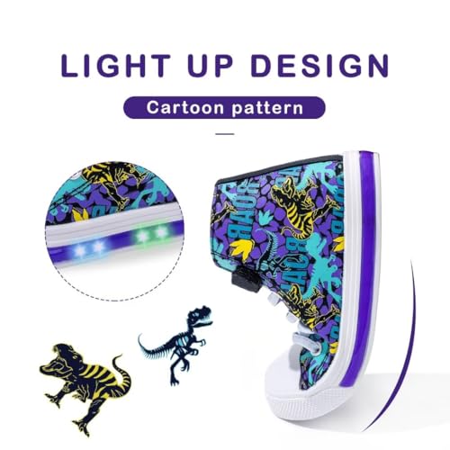 EUXTERPA Kids Toddler Sneakers Light Up Flashing Shoes Boys Easy Fasten High Top Walking Canvas Sneaker Dinosaur Size 7