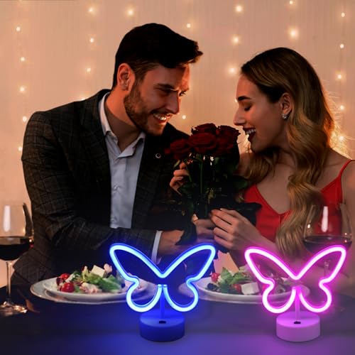 BRIGHTDECK 2 Pack Butterfly Neon Signs, LED Pink Butterfly Neon Sign Battery or USB Powered Decoration Lamp, Neon Lights Heart Decor for Valentines Day, Bedroom, Wedding, Party, Pink Room Decor