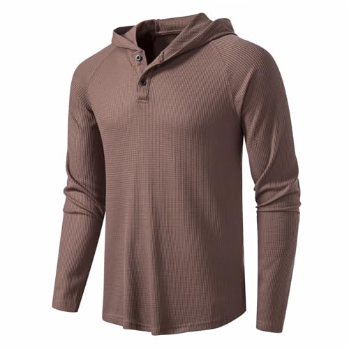 DELCARINO Men's Causal Pullover Hoodie Lightweight Solid Color Hooded Sweatshirt Tops Long Sleeve Waffle-Knit Henley Shirt (Small, Brown)