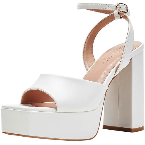 Ainrock Women's Platform Heels Chunky Heel Sandals Square Toe With Ankle Strap For Wedding Evening Party Block High Heels Black Size 9.5