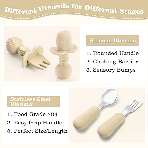 Silicone Baby Feeding Set, Baby Led Weaning Supplies with Suction Bowl Divided Plate, Toddler Self Feeding Dish Set with Spoons Forks Sippy Cup Adjustable Bib, Eating Utensils for 6+ Months(Beige)