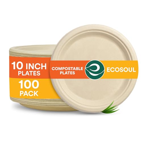 ECO SOUL 100% Compostable 10 Inch Paper Plates [100-Pack] Disposable Party Plates I Heavy Duty Eco-Friendly Sturdy Dinner, Wedding, Event Plates I Biodegradable Unbleached Sugarcane Eco Plates