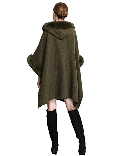 Gihuo Women's Luxury Batwing Sleeve Faux Fur Trim Hooded Cloak Poncho Winter Warm Wool Cape Cardigan Coat (One Size, Army Green)