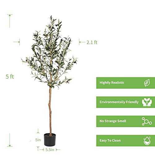Realead 5ft Artificial Olive Tree, Large Fake Potted Olive Silk Tree Faux Olive Plants in Plastic Nursery Pot, Artificial Trees for Modern Home Office Living Room Floor Decor Indoor (60in)