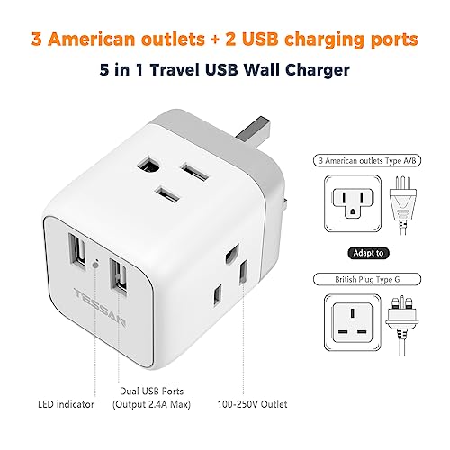 TESSAN US to UK Plug Adapter, Type G UK Travel Plug Adapter, Ireland Scotland Dubai Power Adapter with 3 Outlets and 2 USB Ports, USA to England London British Qatar Kenya Outlet Converter