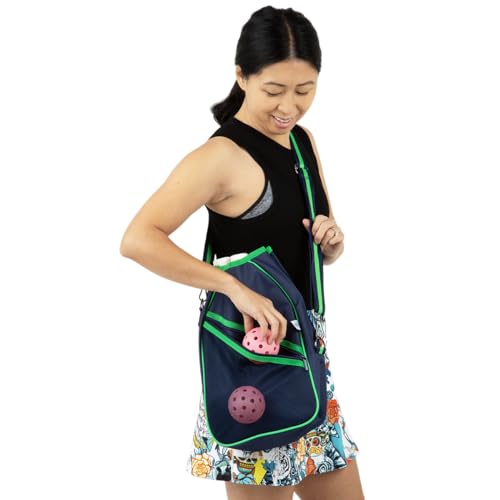 Queen of the Court Pickleball Paddle Bag Crossbody style for Women (Navy/Green)