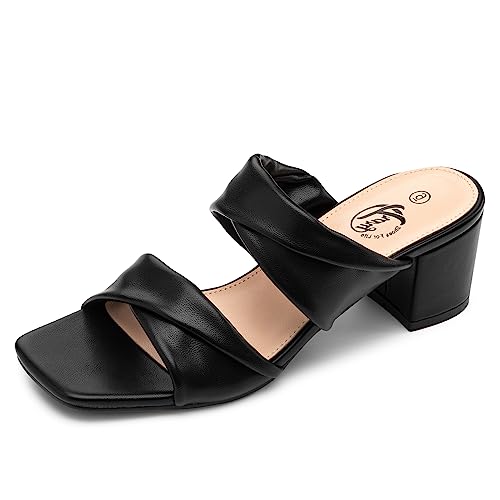 Trary Black Heels for Women,Strappy Sandals for Women Dressy Square Open Toe Block Chunky Mule Heels Confortable Size 11