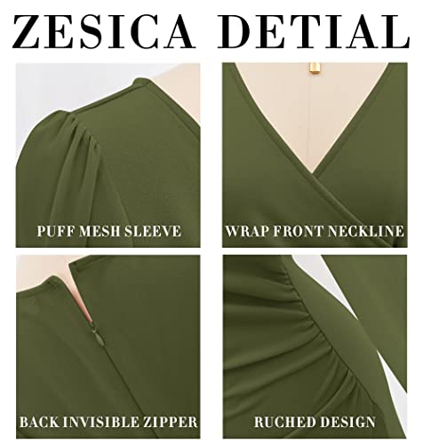 ZESICA Women's Wrap V Neck Bodycon Mini Dress Puff Long Sleeve Ruched Asymmetrical Hem Cocktail Party Short Dresses,Red,Small