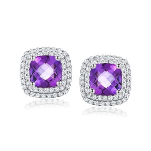 RANDES July Birthstone Earrings 925 Sterling Silver Ruby Earrings Square Created Red Stone Dainty Halo Birthstone Stud Earrings
