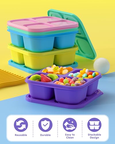 5 PCS Bento Snack Containers, Reusable 4 Compartment Divided Food Storage Containers, Divided Lunchable Container for School, Work and Travel (Multicolor)