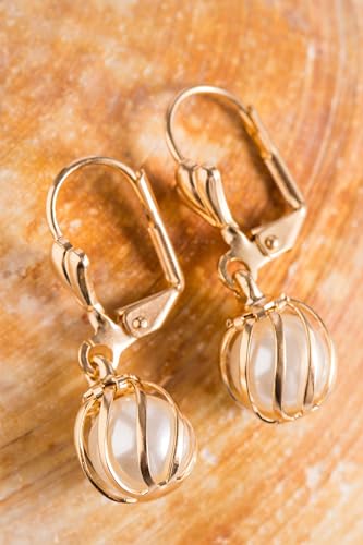 Barzel 18K Gold Plated Pearl Drop Earrings Caged (ER308)