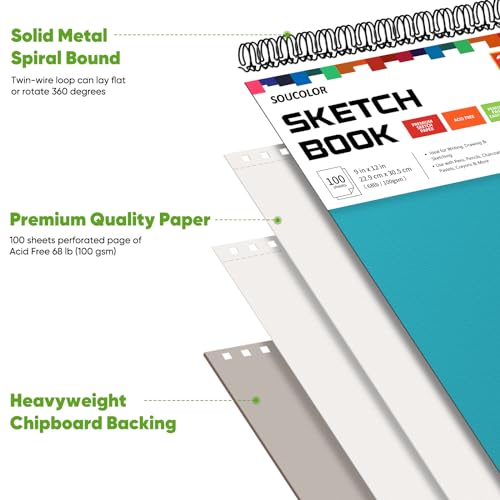 Soucolor School Supplies 9" x 12" Sketch Book for High College School Teacher Student, 1-Pack 100 Sheets Spiral Bound Art Sketchbook, Acid Free (68lb/100gsm) Artist Blank Book for Kids, Back to School