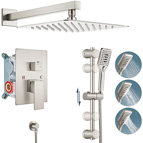 Aolemi Brushed Nickel Shower System 10 Inch Wall Mount Rainfall Shower Head with Slid Bar 3 Functions ABS Handheld Spray Rough-in Valve and Shower Trim Included Bathroom Shower Faucet Mixer