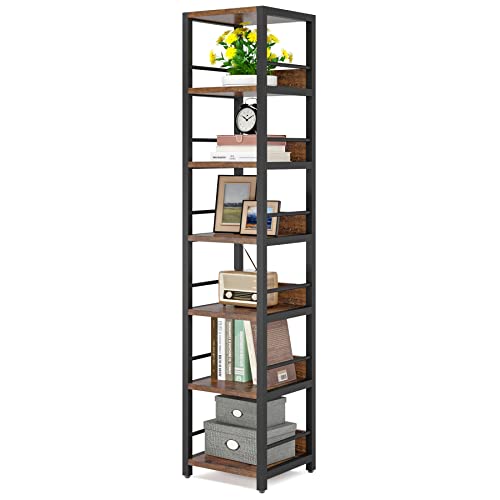 Tribesigns 6-Tier Corner Shelf, 75 Inch Tall Narrow Bookshelf Storage Rack, Etagere Shelves Display Stand for Small Spaces, Rustic Open Bookcase Square Shelf Tower for Living Room Bathroom
