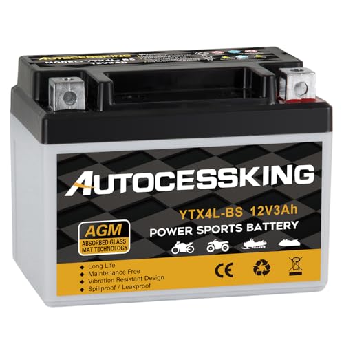 Autocessking YTX4L-BS Motorcycle Battery, 12V 3Ah Rechargeable Maintenance Free Sealed AGM Battery Powersport Replacement Battery for ATV and Scooter