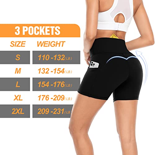 Women’s Biker Shorts with Pockets -5” High Waist Tummy Control Black Yoga Shorts for Workout,Running, Athletic(S,LP)