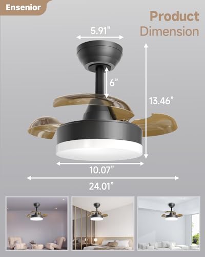 Ensenior 24 Inch Retractable Ceiling Fan with Lights and Remote, Dimmable Retractable Fan Ceiling Light, 3000K-6000K Colors and 6 Speeds, Small Ceiling Fan Retractable Blades for Bedroom - Black
