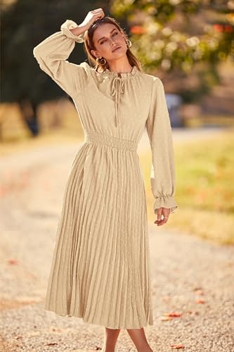 PRETTYGARDEN Spring Fall Dress for Women Elegant Long Sleeve Pom Pom V Neck Pleated Midi Flowy Dresses (Light Green,Medium)