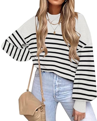 ETCYY Womens Sweaters Fall 2024 Batwing Long Sleeve Side Slit Knit Tops Crew Neck Striped Oversized Sweater Pullover Tops(M.C Print Apricot)