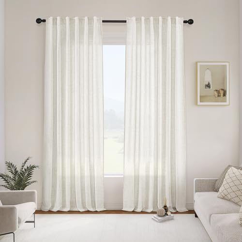 Belinna Ivory Linen Curtains 84 Inch Long Back Tab Semi Sheer Curtains for Living Room 7 Ft Light Filtering Rod Pocket Neutral Boho Cream Off White Window Curtain Drapes 84 Length 2 Panels Set
