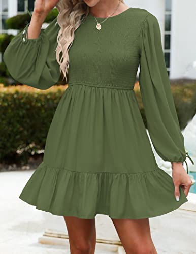 ZESICA Women's Long Sleeve Smocked Dress 2024 Fall Casual Crew Neck Tiered Swing Cocktail Wedding Party Mini Dresses,Black,Large