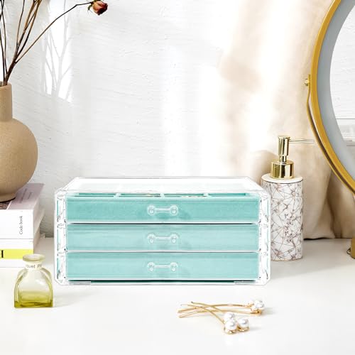 ProCase Earring Holder Organizer Jewelry Box with 3 Drawers, Acrylic Clear Earring Case with Adjustable Velvet Trays for Women - Aqua, 3 Layers