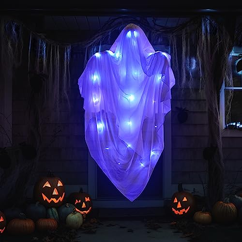 JOYIN 63" Halloween Light-up Hanging Ghost, Flying Ghost with Blue Glowing Body for Halloween Haunted House Prop, Indoor/Outdoor, Tree, Patio, Yard, Lawn Garden Decorations