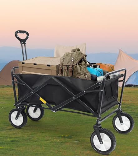 Collapsible Folding Outdoor Utility Wagon, Beach Wagon Cart with All Terrain Wheels & Drink Holders, Portable Sports Wagon for Camping, Shopping, Garden and Beach (Black/1 Year Warrant Extra Large)