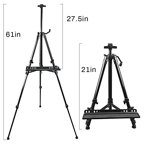 RRFTOK 61lnches Panting Easel Stand,Metal Artist Easel Stand Tripod Adjustable Easel for Painting Canvases Height from 21 to 61Inches,Art Easel for Display with Paintbrush Tray(Black).