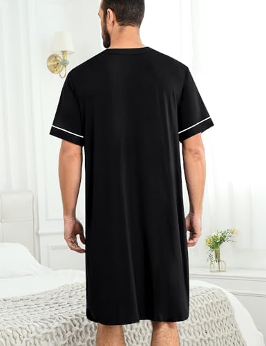 SWOMOG Men's Nightshirt Short Sleeve Nightgown Soft Loose Sleepwear Lightweight Nightwear Comfy Henley Sleep Shirt Medium Black